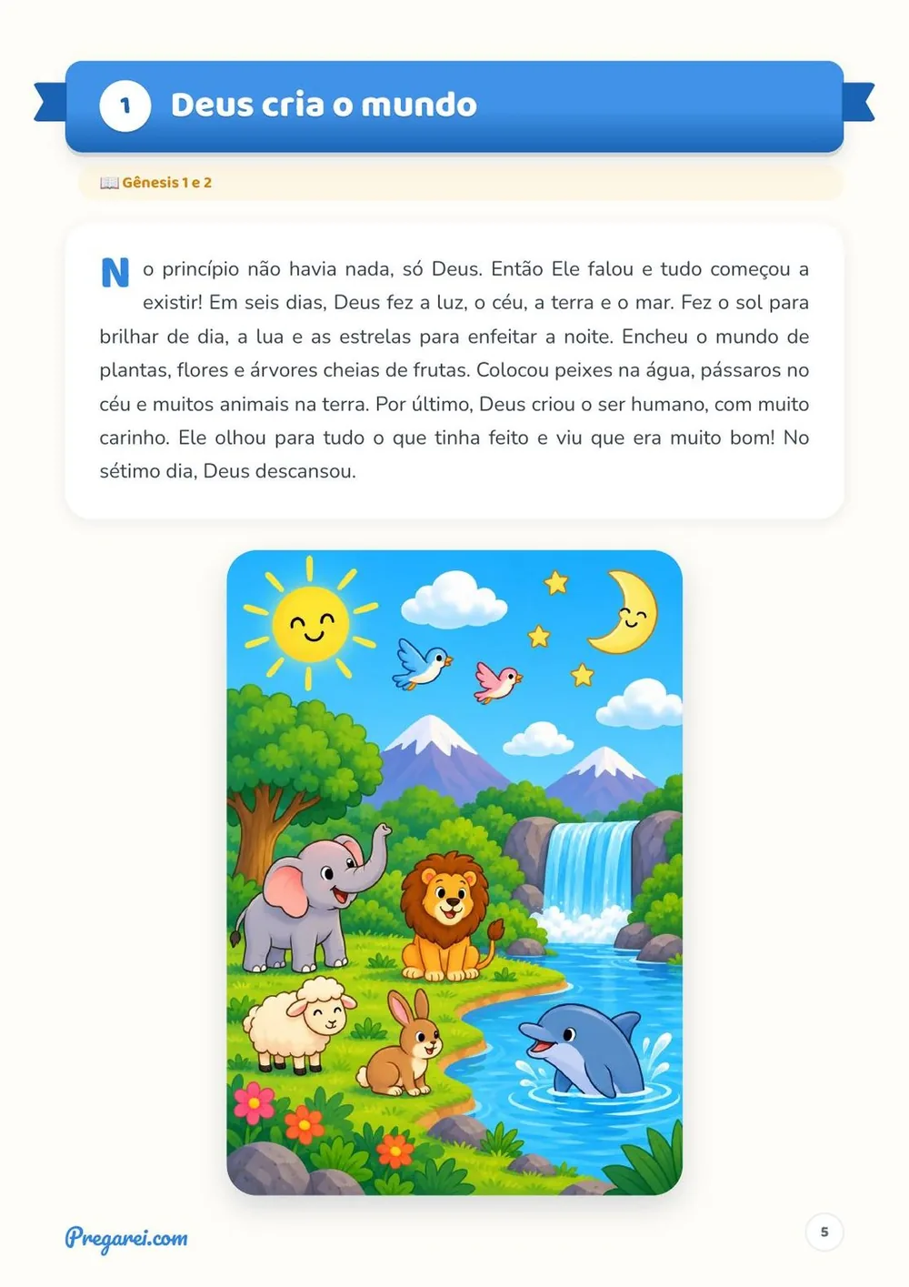 Página da história Deus cria o mundo, com a ilustração colorida