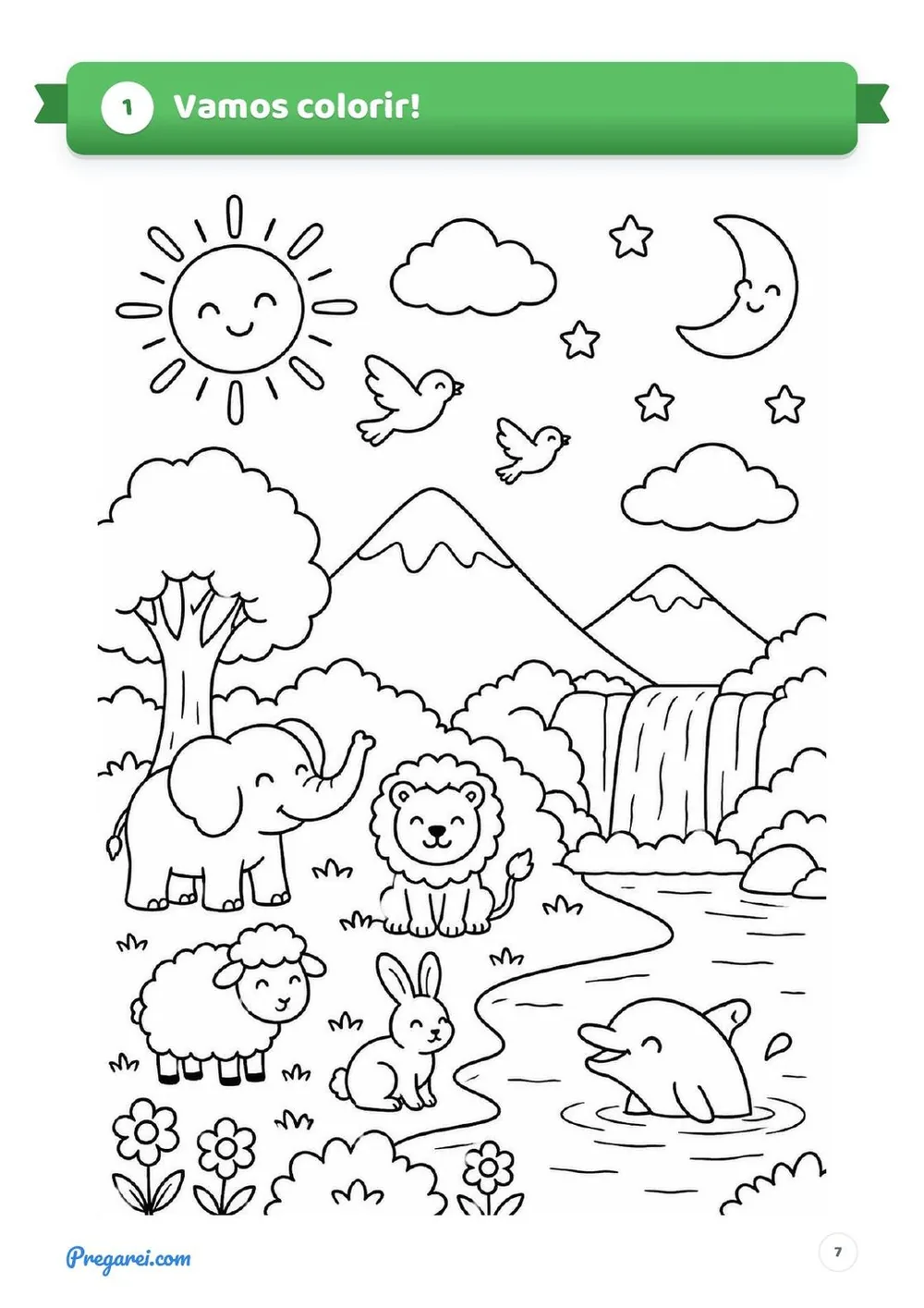 Página Vamos colorir! com o desenho da criação em traço limpo, ocupando a página inteira