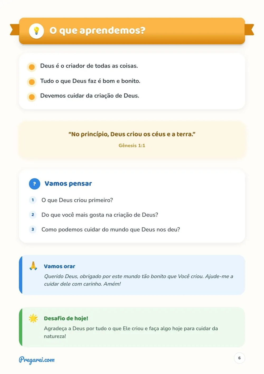 Página O que aprendemos? com versículo, perguntas, oração e o desafio de hoje