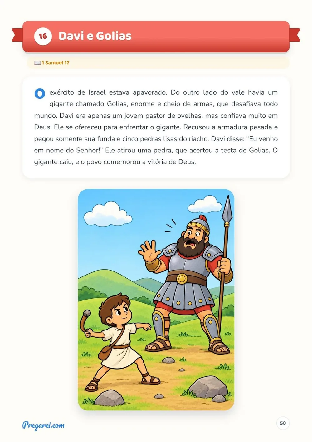 Página da história Davi e Golias, com a ilustração colorida