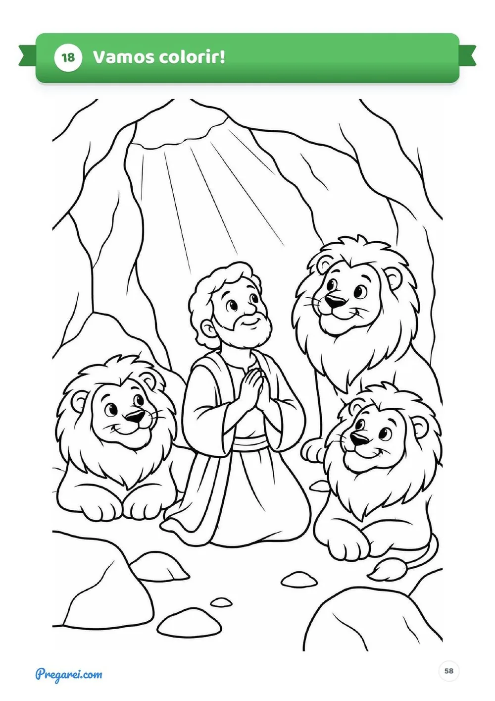 Desenho de Daniel na cova dos leões, pronto para colorir