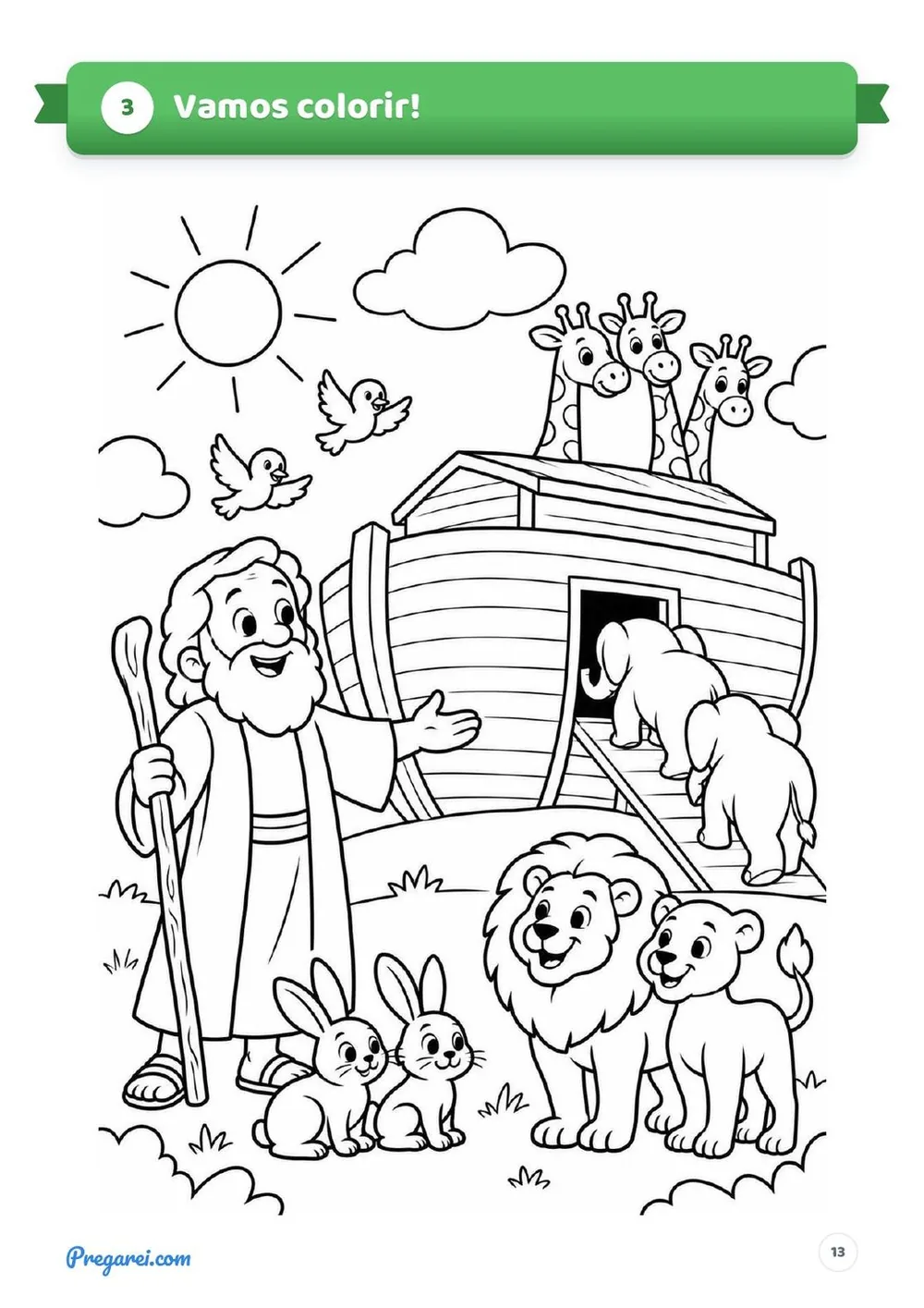 Desenho da arca de Noé com os animais, pronto para colorir