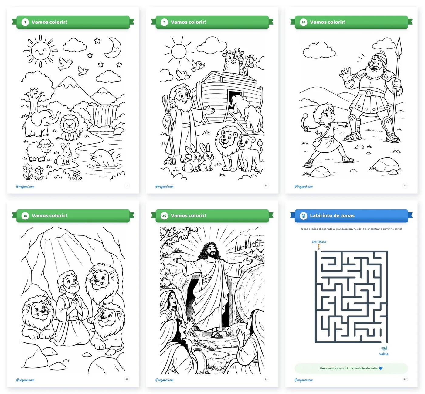 Seis páginas de colorir do livro: criação, arca de Noé, Davi e Golias, Daniel na cova dos leões, ressurreição de Jesus e o labirinto de Jonas